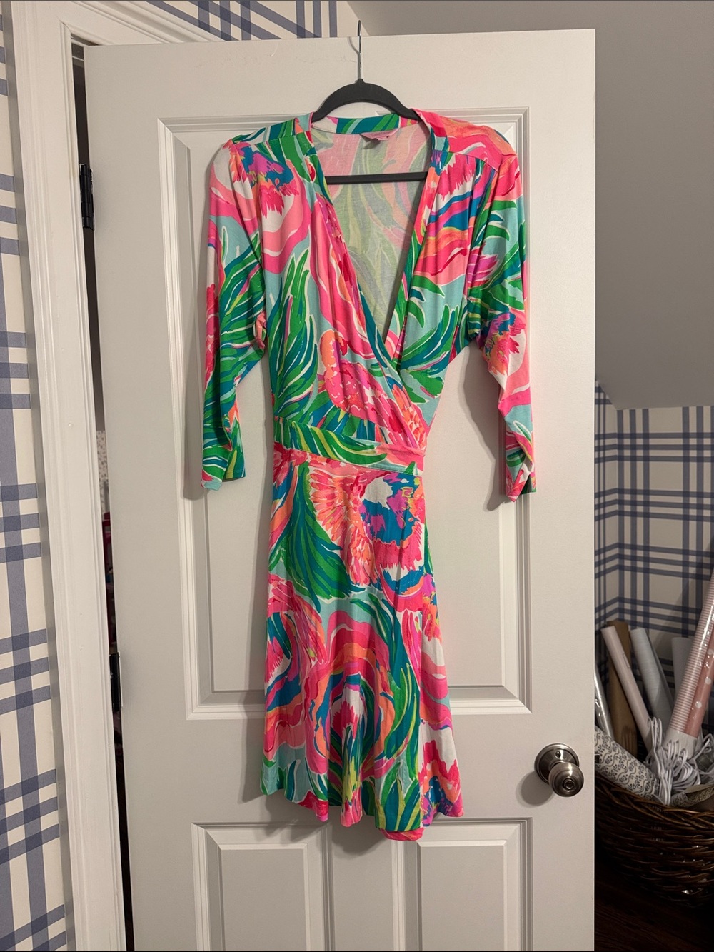 Vibrant Pink & Green Floral Wrap Dress